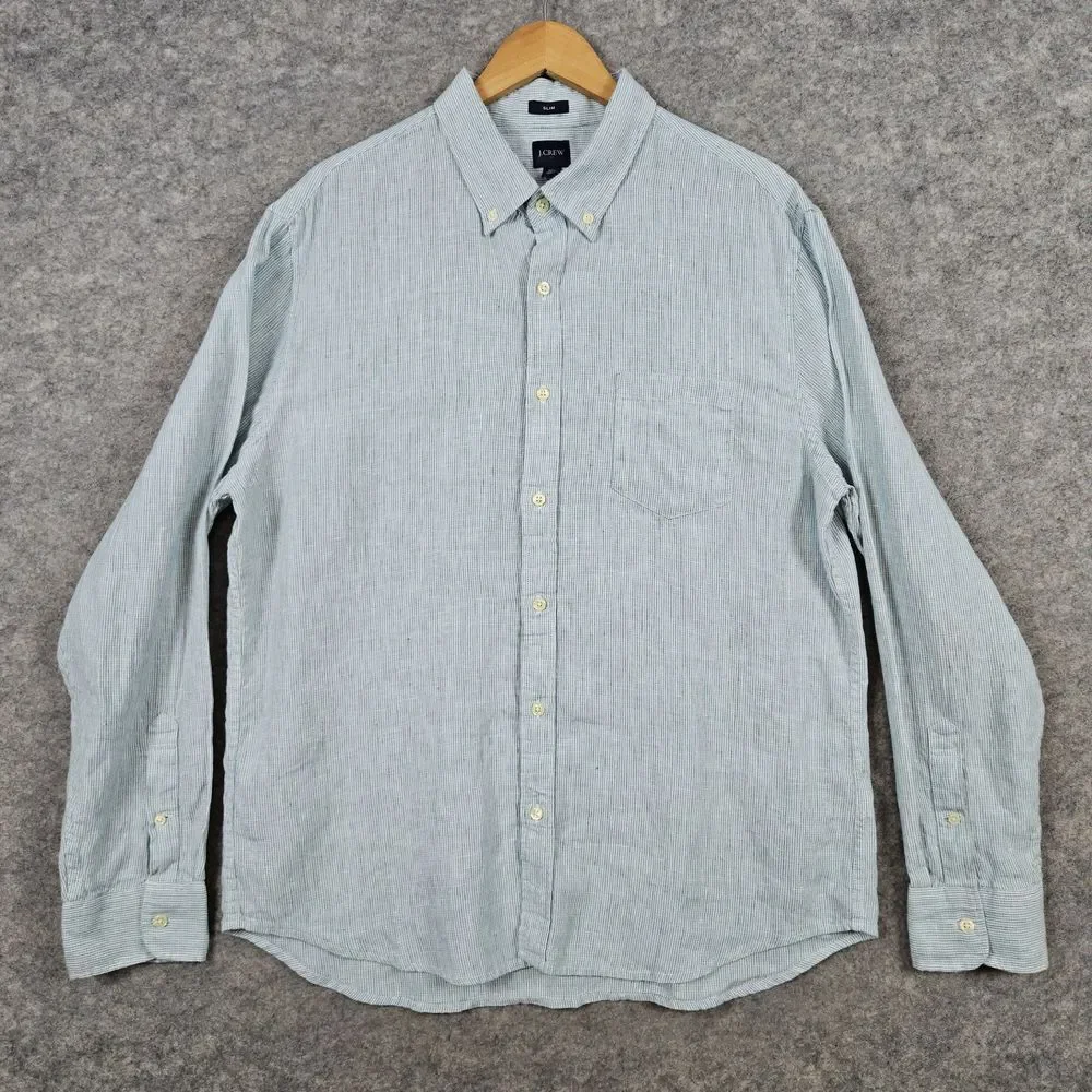 J Crew Green & White Striped Linen/Cotton Size‎ XL Slim Fit Shirt MINOR SNAGS